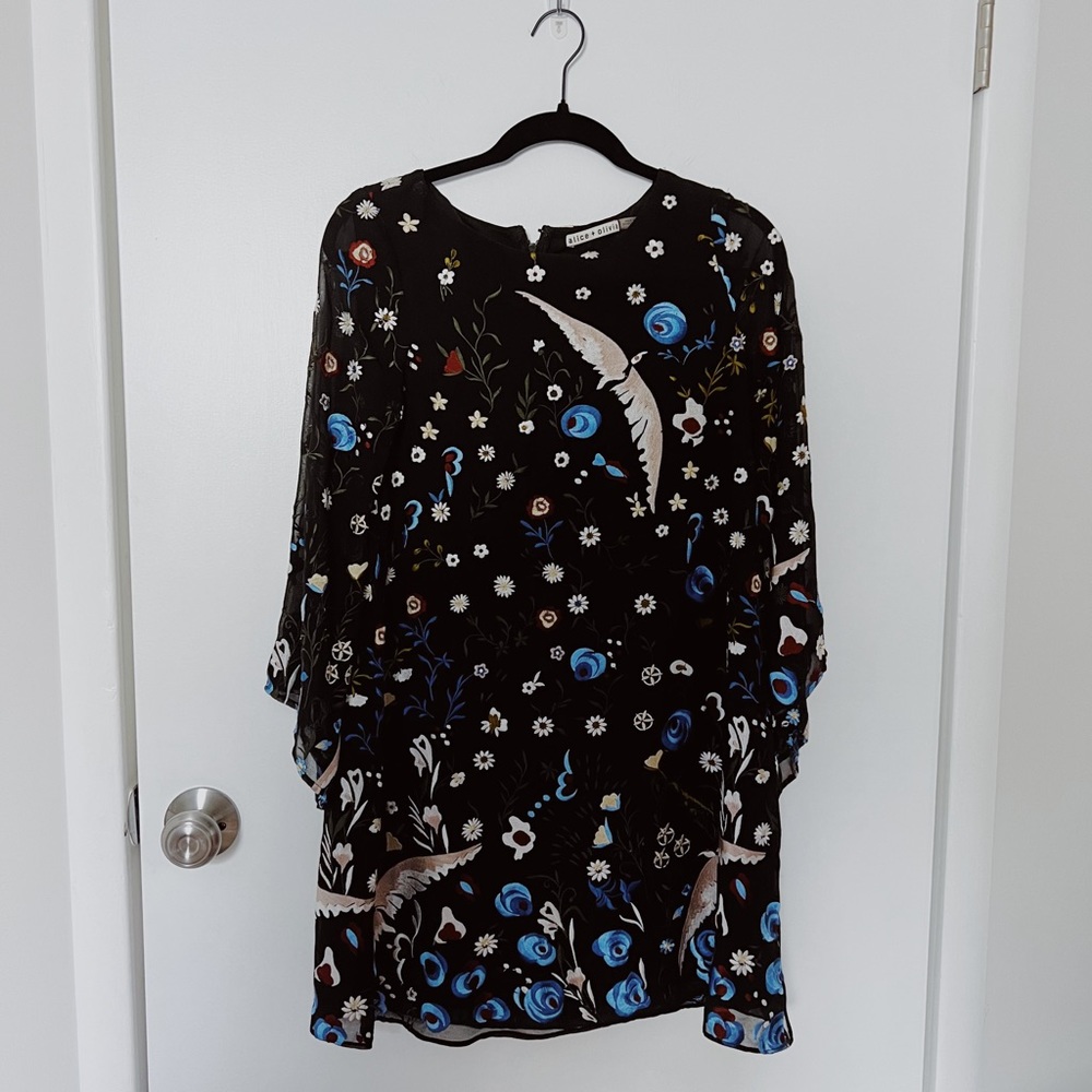 Alice + Olivia Eleonora Poet Embroidered Bird Floral Mini Dress